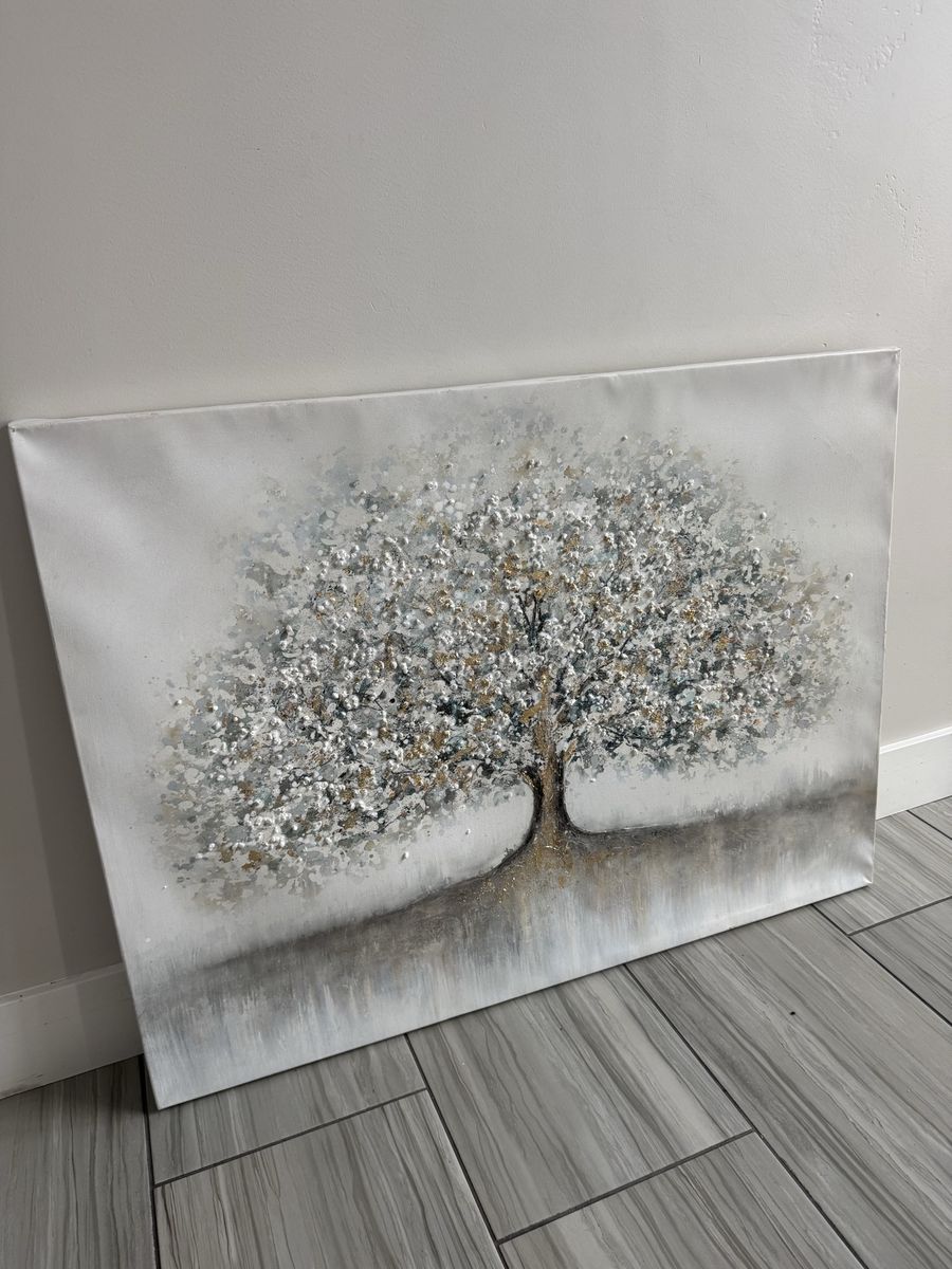 Large Textured Canvas Wall Art - Silver, Gold, and White Tree Painting(30x40”)