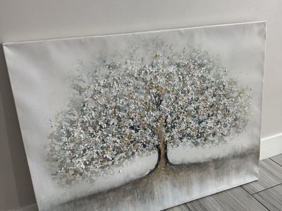 Large Textured Canvas Wall Art - Silver, Gold, and White Tree Painting(30x40”)