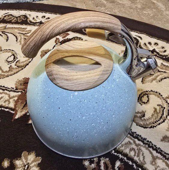 Light Blue Speckled Tea Kettle with Wood Grain Handle - Whistling Stovetop Teakettle.