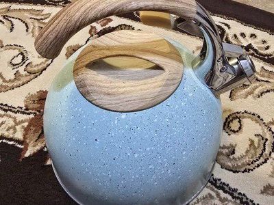 Light Blue Speckled Tea Kettle with Wood Grain Handle - Whistling Stovetop Teakettle.