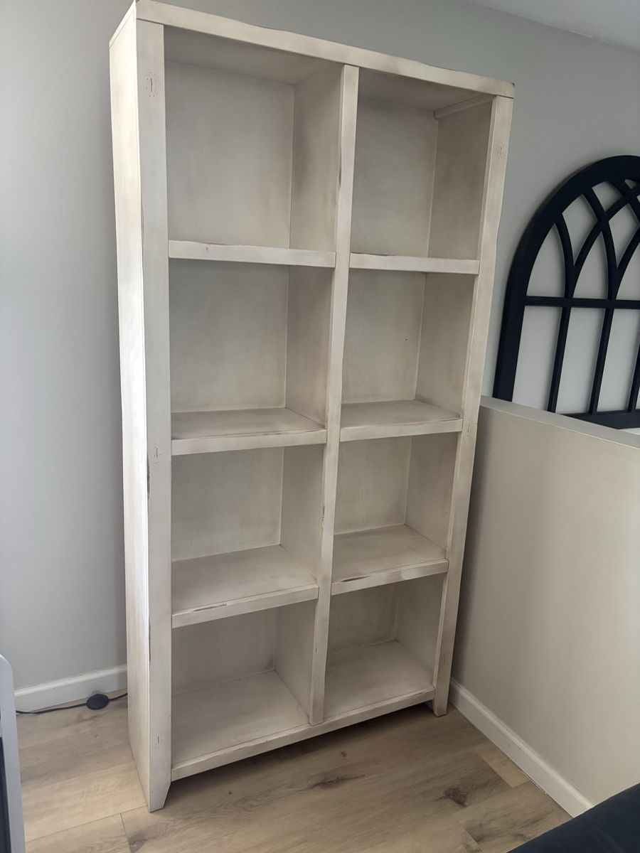 Rustic White Wood Bookcase with 8 Cubbies - Tall Storage Shelf Unit