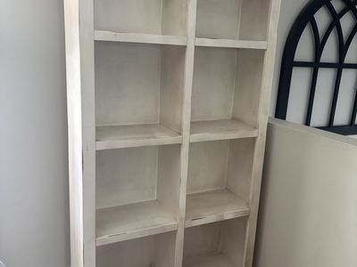 Rustic White Wood Bookcase with 8 Cubbies - Tall Storage Shelf Unit