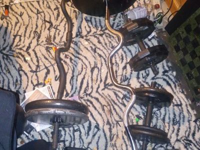 300 pounds metal plates, 2 nice curl bars , 2 dumbells, 1- 45 pound Olympic barbel