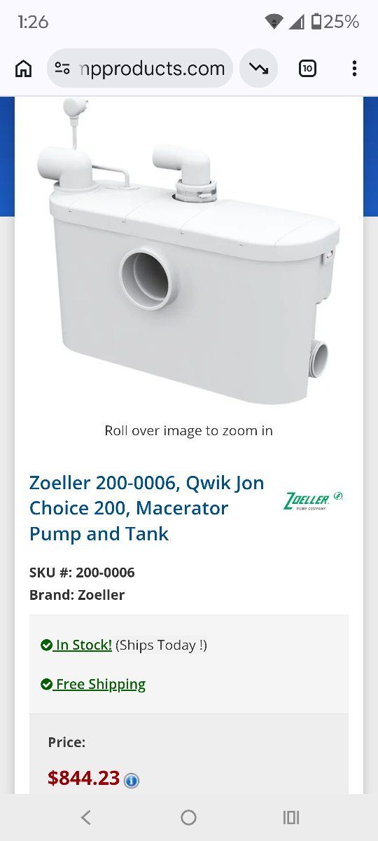 Zoeller Qwik Jon Premier Upflush Bathroom Grinder Pump 201-0006 115V 1/3 HP Macerator Pump