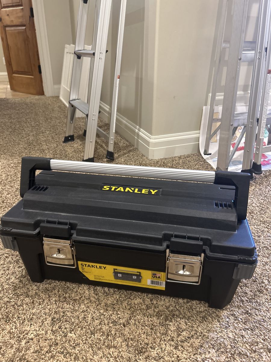 Stanley 16-inch Black Plastic Essential Toolbox with Metal Latches & Portable Tray, Made in USA