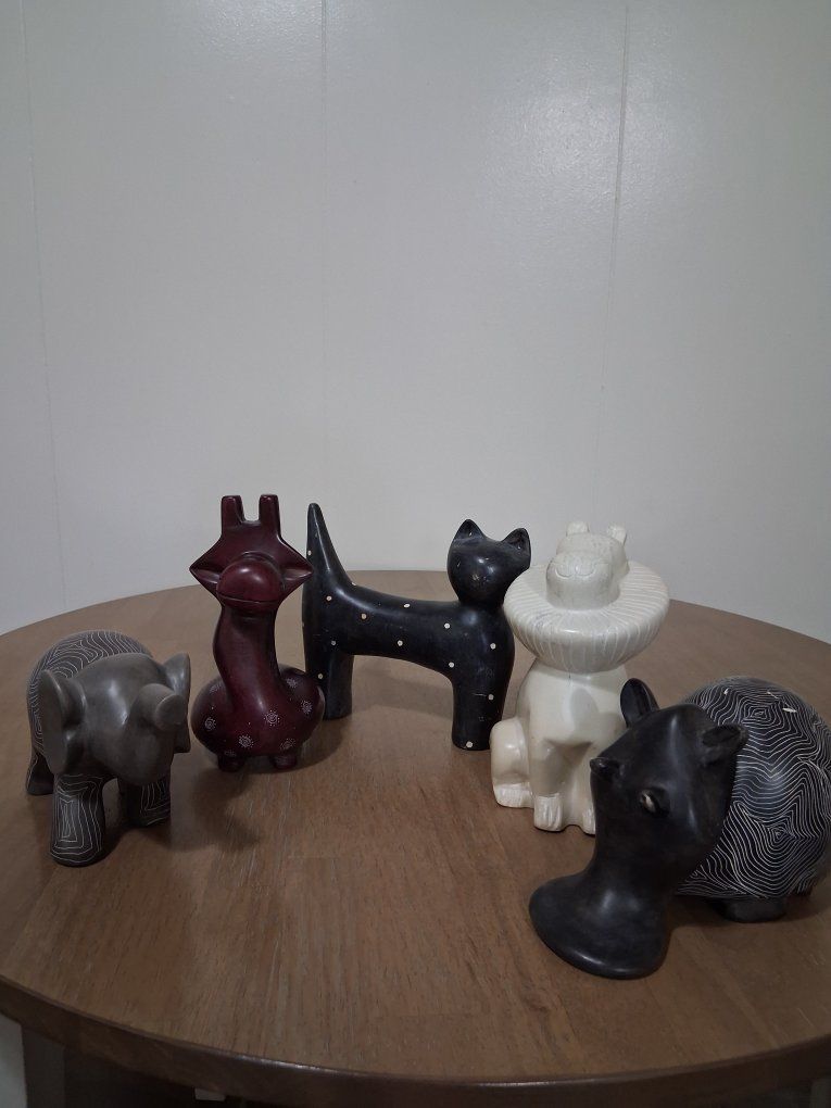 African Hand Carved Stone Animals - Set of 5 Elephant, Giraffe, Cat, Lion, and Hippo Figurines