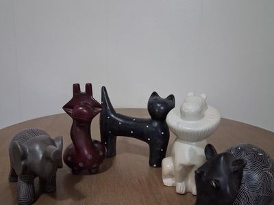 African Hand Carved Stone Animals - Set of 5 Elephant, Giraffe, Cat, Lion, and Hippo Figurines