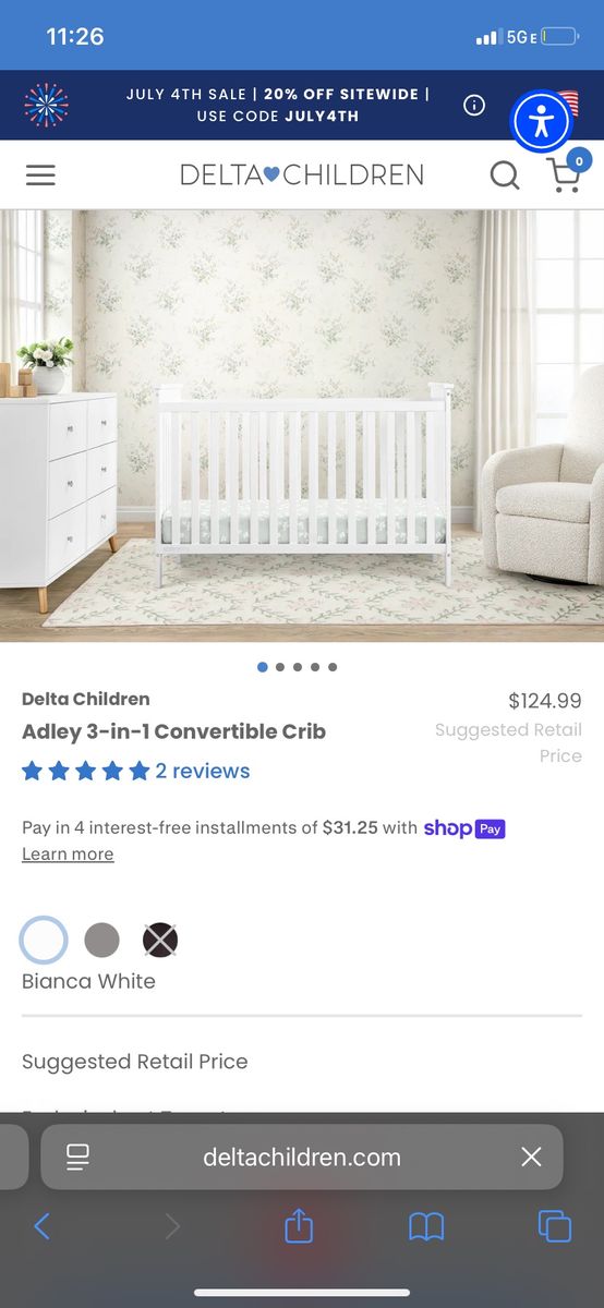 Delta Children Adley 3-in-1 Convertible Crib - Bianca White