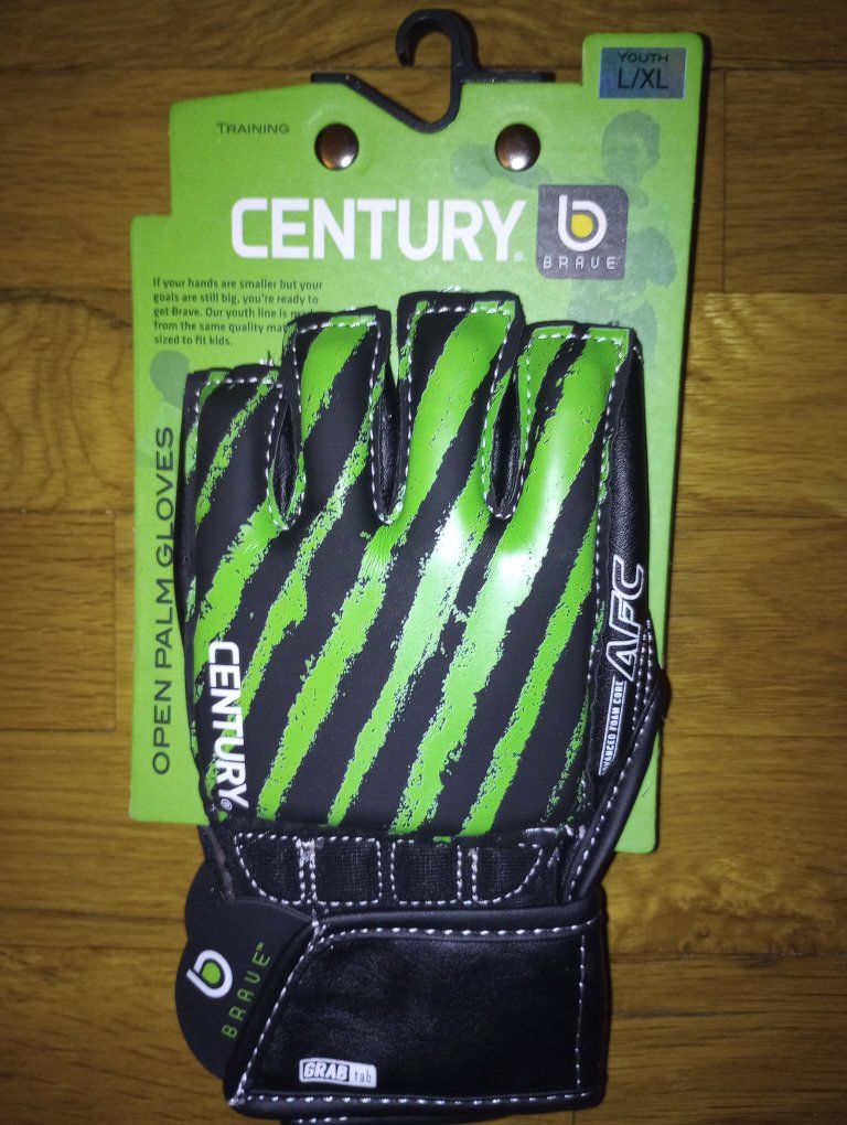 Century Brave Youth L/XL Open Palm Training Gloves - Green/Black, Advanced Foam Core, Grab Tab