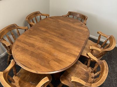 Vintage 1960s Solid Wood Oval Dining Table & 6 Spindle-Back Chairs with 3 Leaves