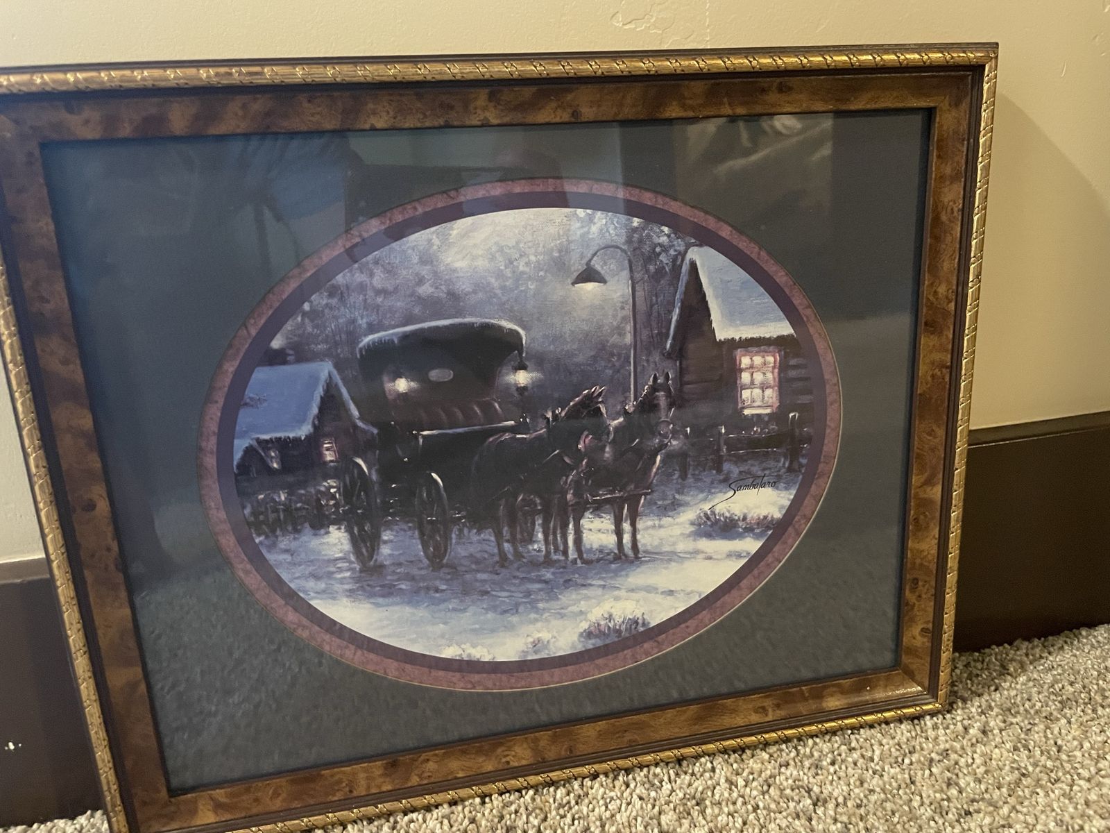 Joe Sambataro Home Interior Framed, Matted Print Horse Carriage Winter Cabin Scene Size: 12.5” x 15.5” Wall Mount
