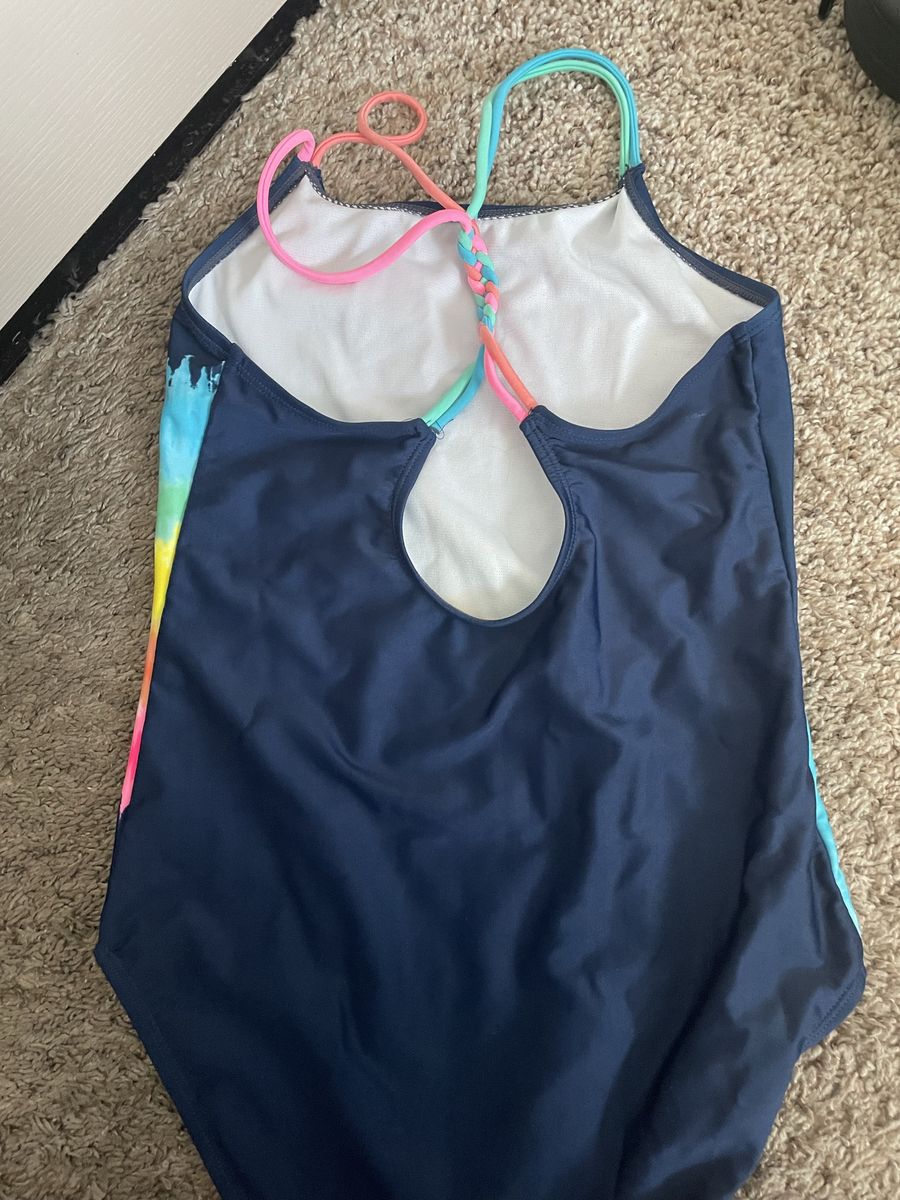 Girls One-Piece Swimsuit Navy Blue Rainbow Tie-Dye Braided Straps Size L and water balloons