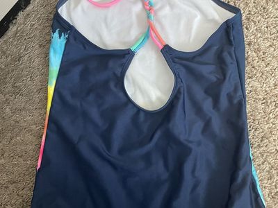 Girls One-Piece Swimsuit Navy Blue Rainbow Tie-Dye Braided Straps Size L and water balloons