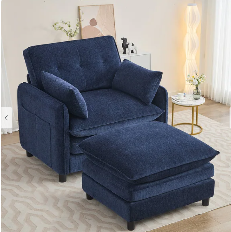Upholstered Chenille Oversized Accent Armchair with Ottoman and Side Pocket, Blue