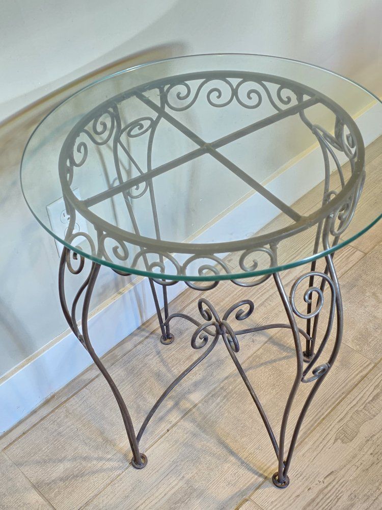 Ornate Wrought Iron & Glass Round End Table - Rustic Bronze Finish, 20" Diameter