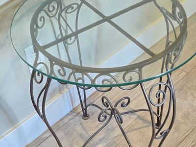 Ornate Wrought Iron & Glass Round End Table - Rustic Bronze Finish, 20" Diameter