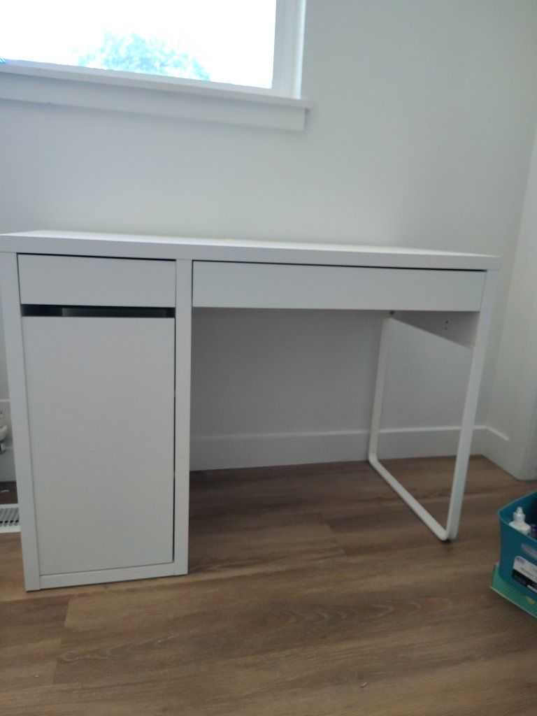 Ikea White Modern Desk with Drawer & Storage Cabinet
