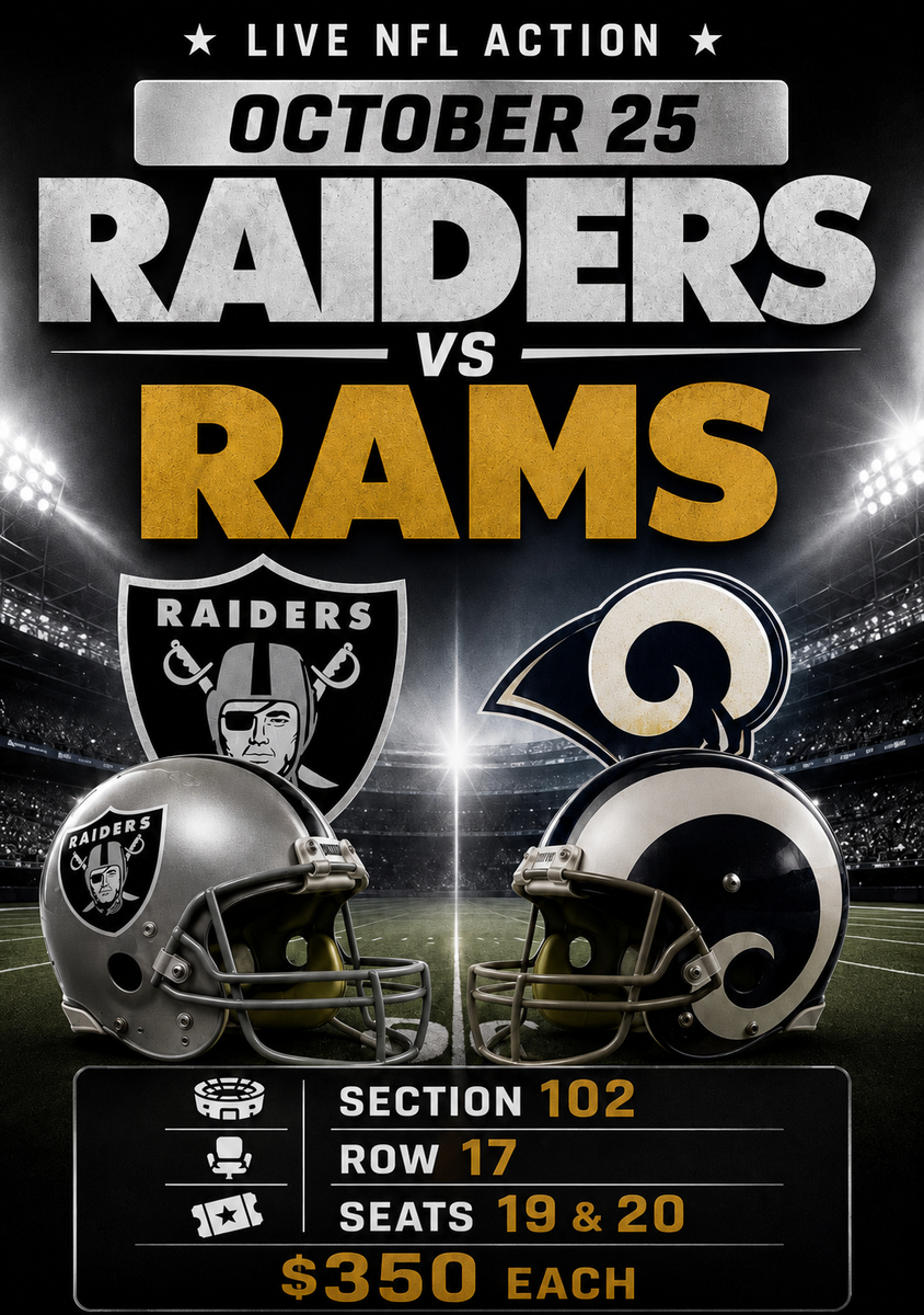 Las Vegas Raiders vs. Los Angeles Rams - October 25, Section 102, Row 17, Seats 19 & 20
