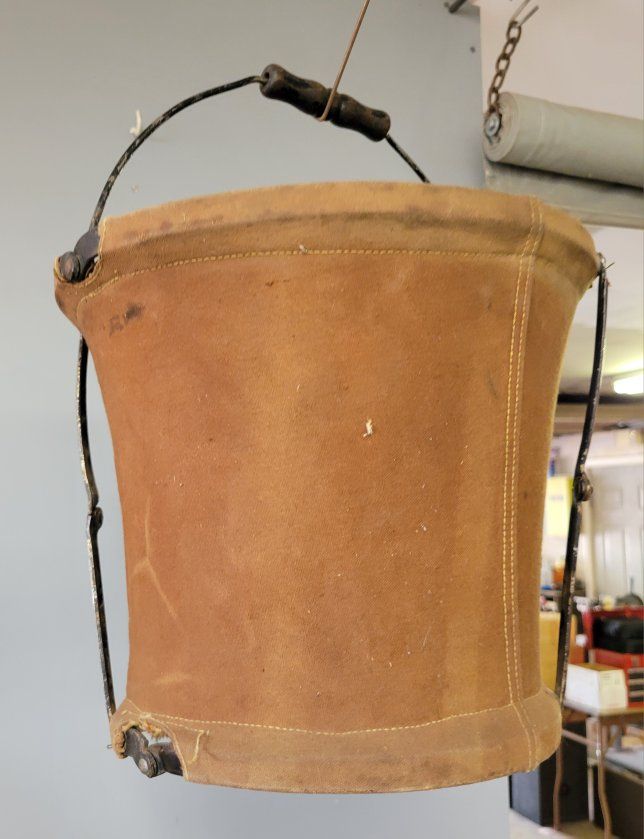 Vintage Canvas Fire Bucket with Wood Handle - Collectible Firefighting Equipment