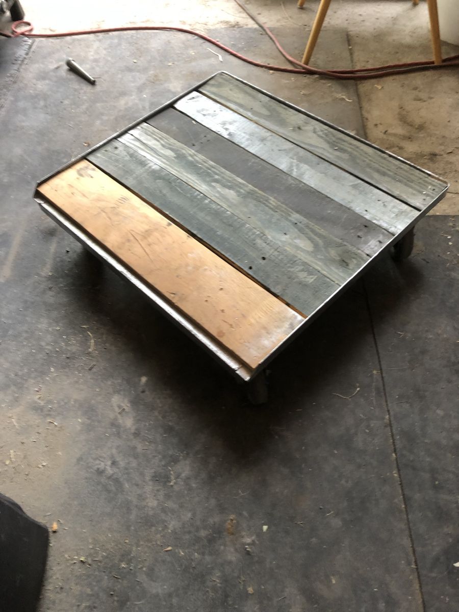 Rustic Industrial Low-Profile Wood and Metal Rolling Cart / Coffee Table on Casters