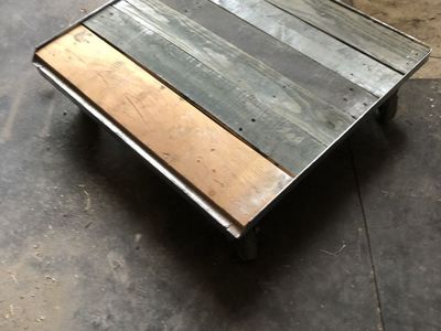 Rustic Industrial Low-Profile Wood and Metal Rolling Cart / Coffee Table on Casters