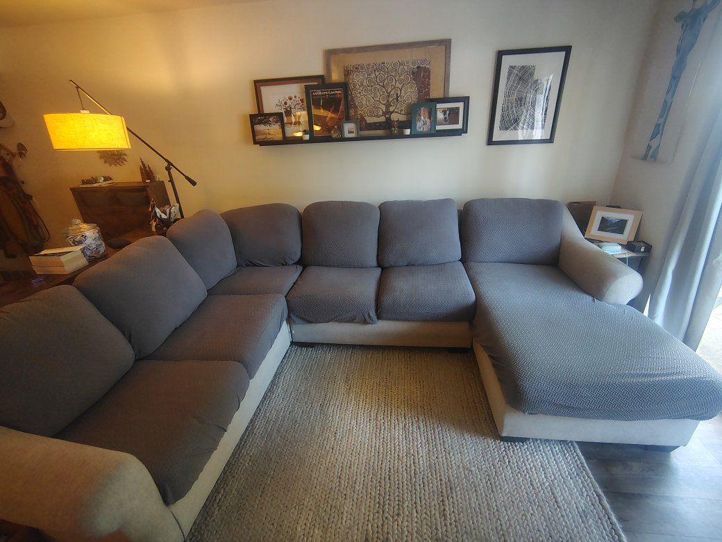 Large U-Shaped Sectional Sofa Tan/Grey Fabric