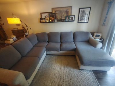 Large U-Shaped Sectional Sofa Tan/Grey Fabric