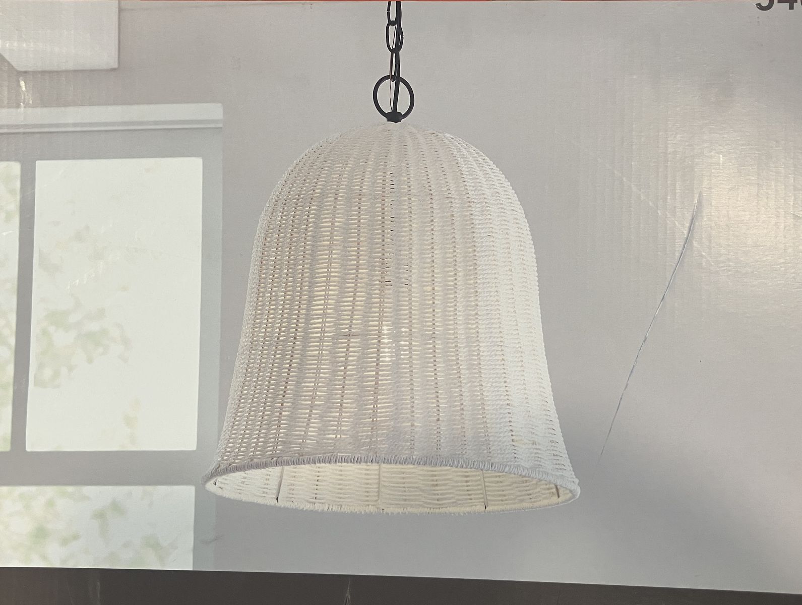 New white wicker shabby chic hanging light fixture. 18"wide x 20" tall