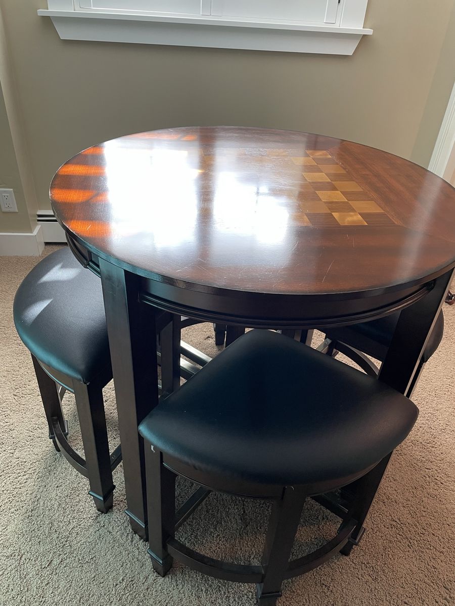 Solid Wood Game Table w/ Chess/Checker Board Top & 4 Nesting Padded Stools