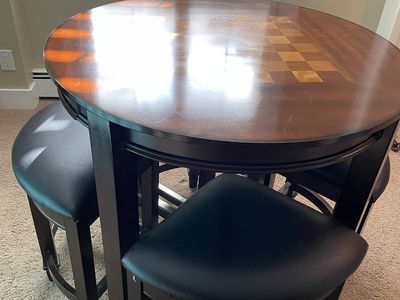 Solid Wood Game Table w/ Chess/Checker Board Top & 4 Nesting Padded Stools