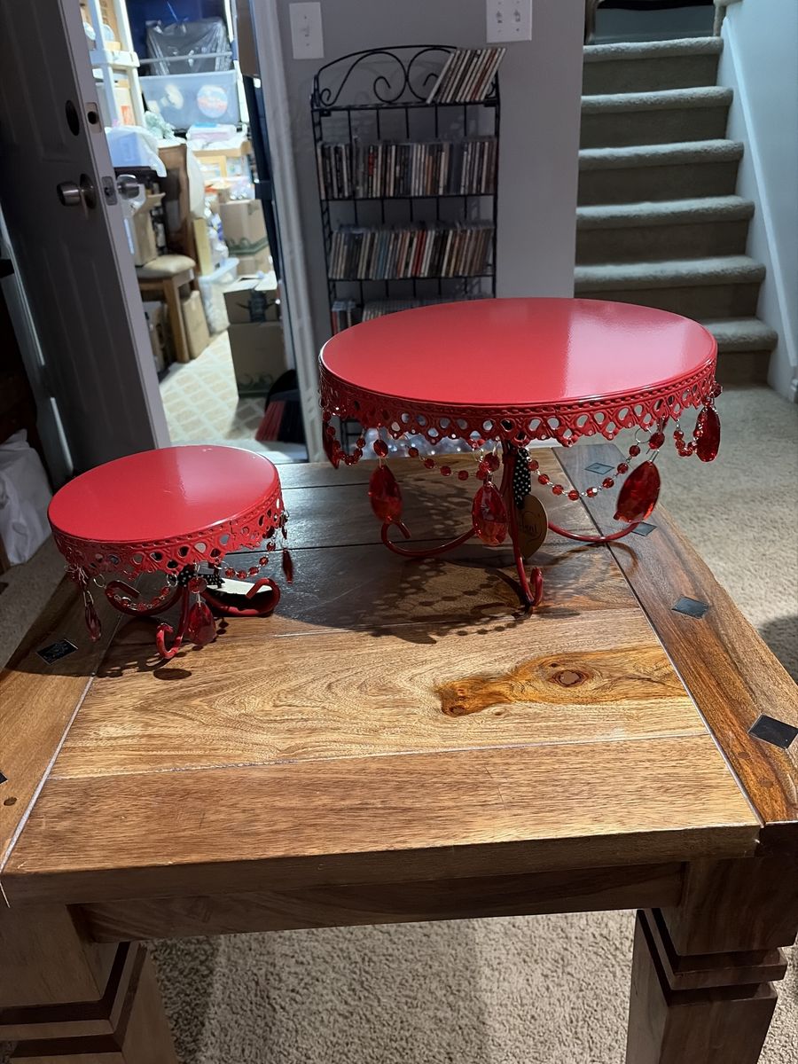 New Red Metal Decorative Cake Stands Set - 2 Tiered Beaded Serving Platters.