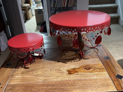 New Red Metal Decorative Cake Stands Set - 2 Tiered Beaded Serving Platters.