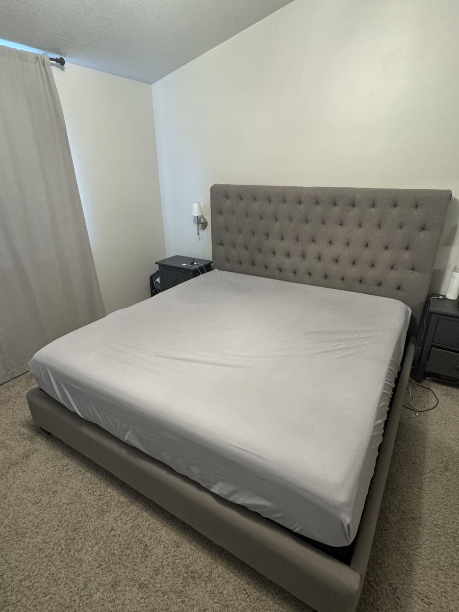 King Size Upholstered Tufted Platform Bed Frame Grey Fabric 