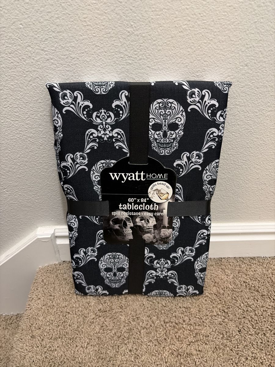 Wyatt Home 60"x84" Black/White Skull Damask Spill Resistant Tablecloth - New, Easy Care