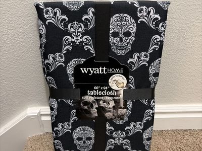 Wyatt Home 60"x84" Black/White Skull Damask Spill Resistant Tablecloth - New, Easy Care