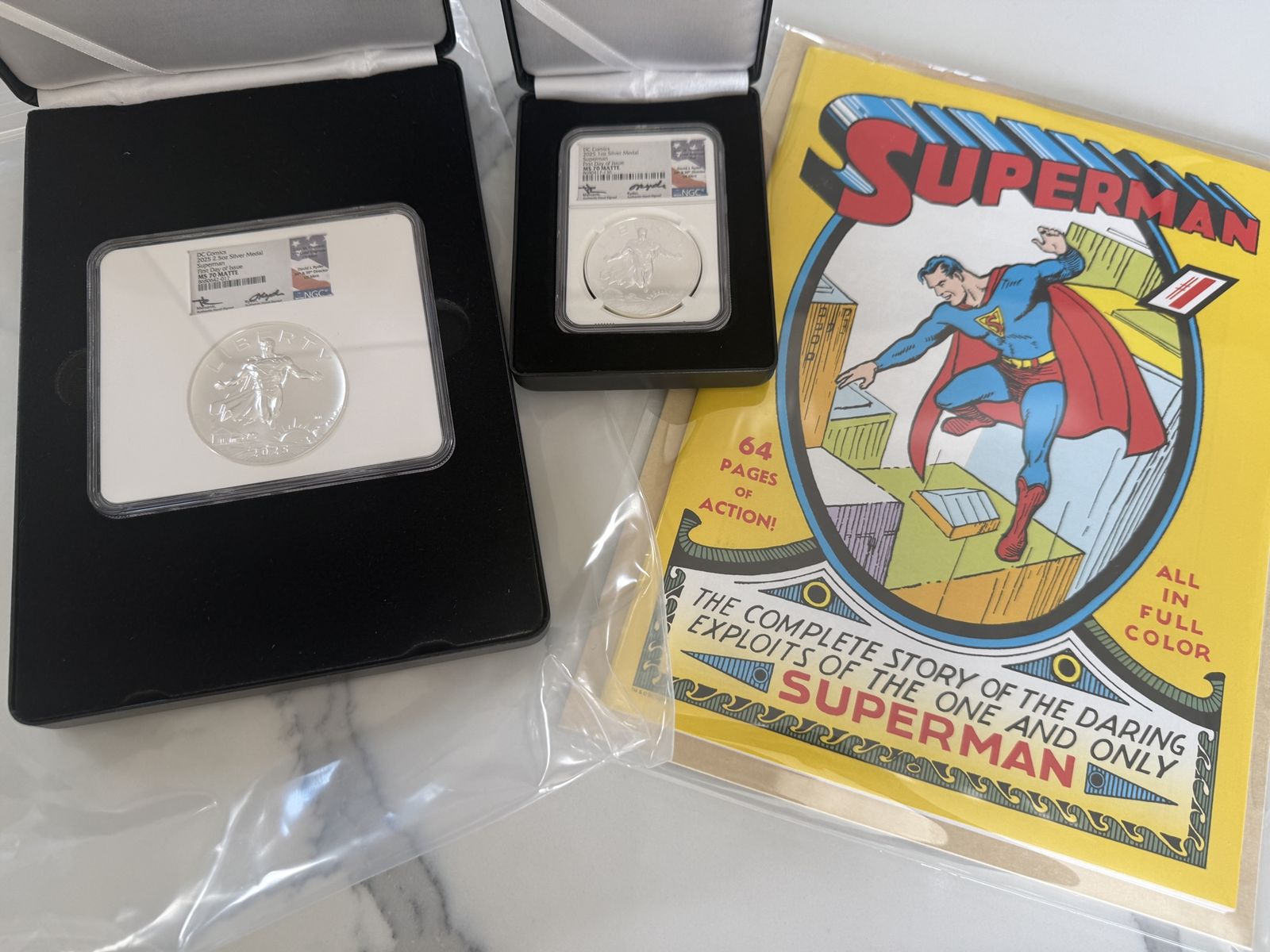 2025 MS 70 MATTE DC Comics Superman 1oz & 2.5 oz Silver Medal NGC Ryder/Mercanti Signed