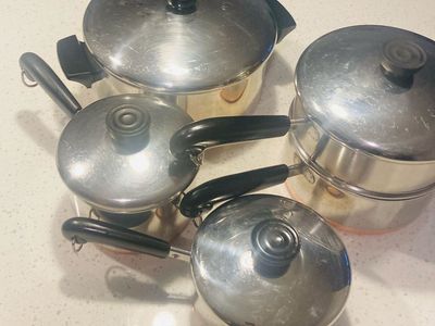 9 Pcs Revere Ware stainless steel, copper bottom cookware