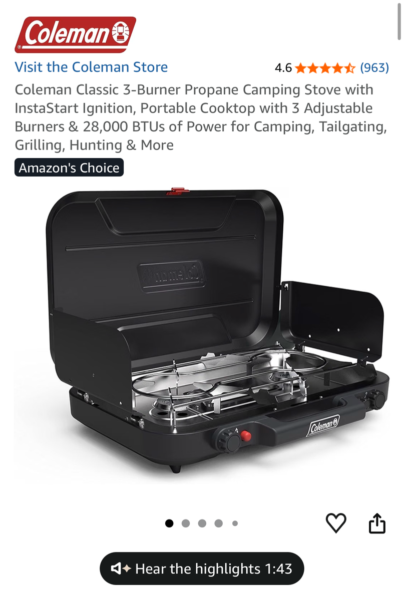 Coleman Classic 3-Burner Propane Camping Stove with InstaStart Ignition & 28,000 BTUs