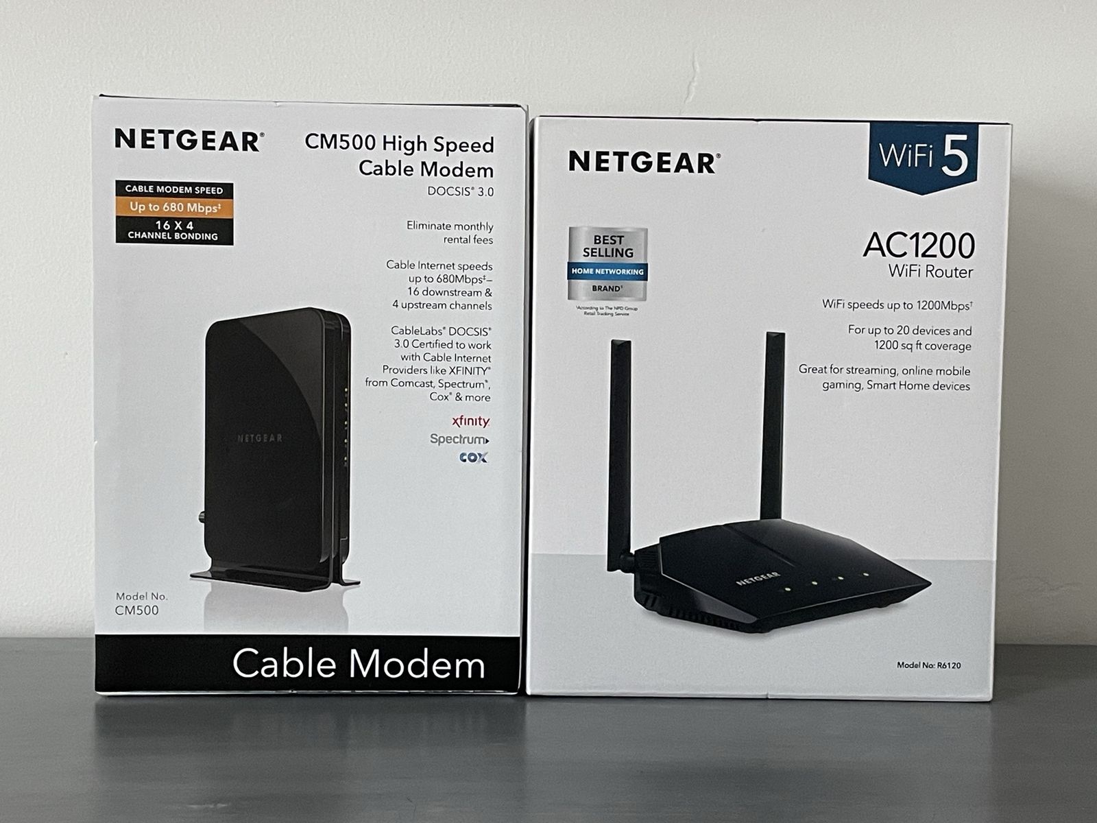 NETGEAR WiFi Router AC1200 and High Speed Ethernet Cable Modem CM500 Like New complete-in-box combo