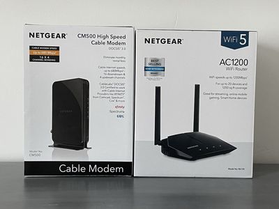 NETGEAR WiFi Router AC1200 and High Speed Ethernet Cable Modem CM500 Like New complete-in-box combo
