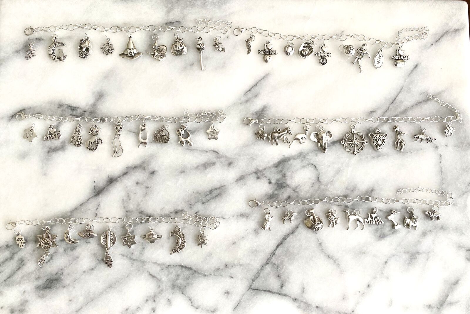 NEW - Silver Plated Link Bracelet w/ 9 Charms - Halloween-Sports-Cats-Dogs- STARS/Mystic and Safari- C PIX