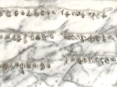 NEW - Silver Plated Link Bracelet w/ 9 Charms - Halloween-Sports-Cats-Dogs- STARS/Mystic and Safari- C PIX