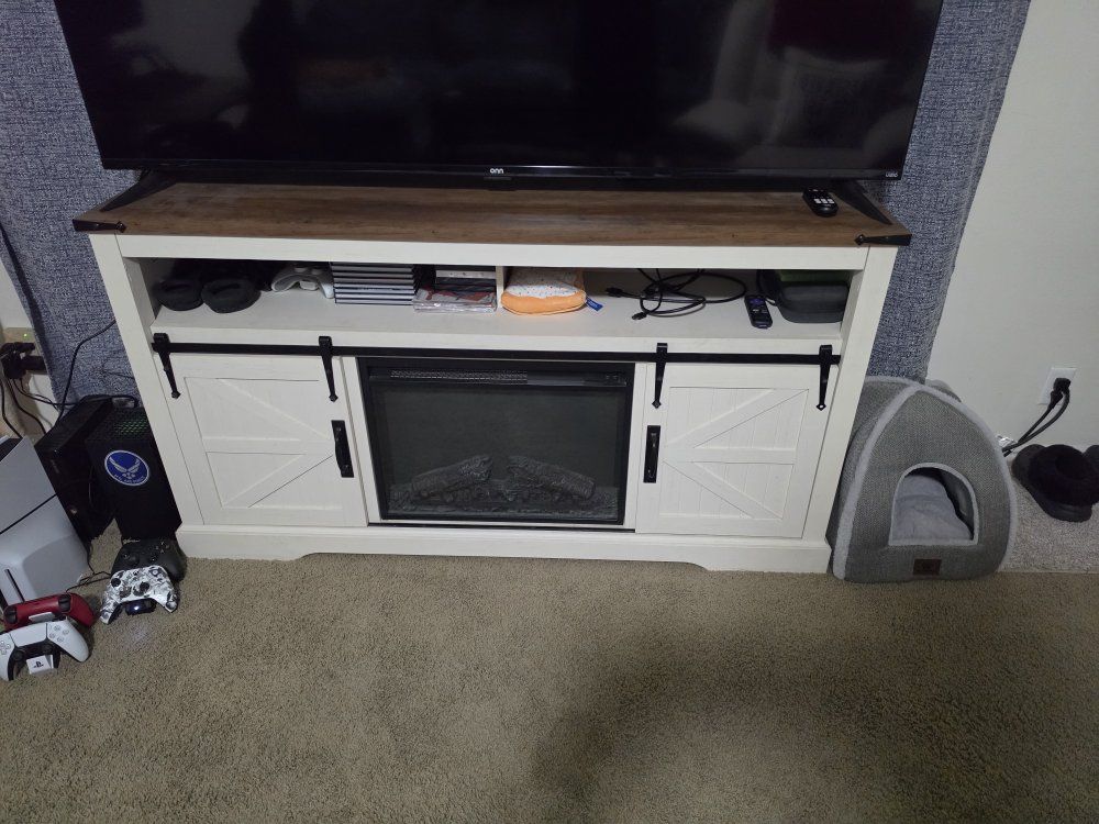 Farmhouse TV Stand with Electric Fireplace and Sliding Barn Doors