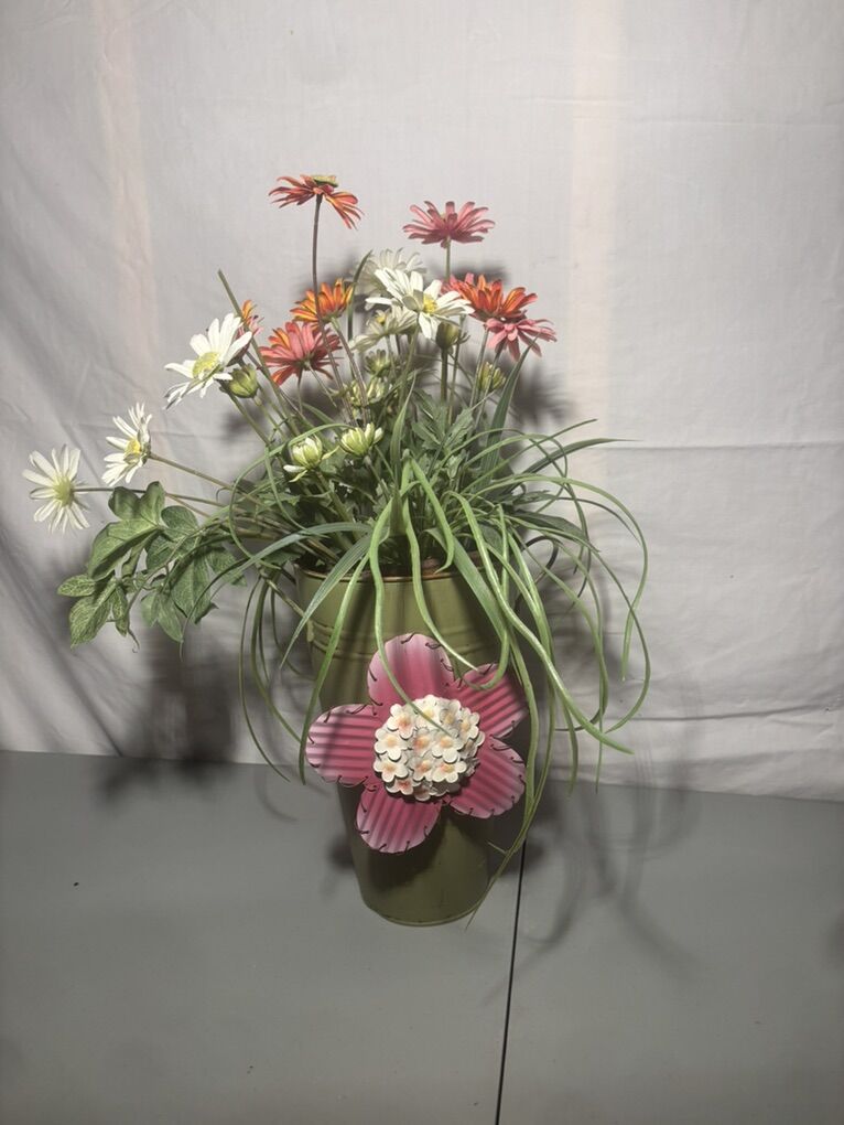 Faux Flowers In Distressed Green Bucket