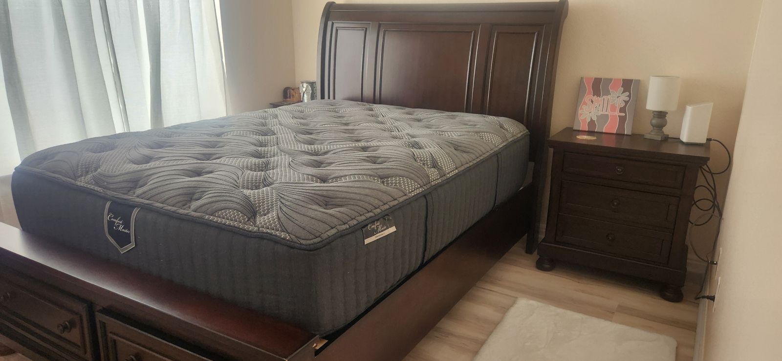 Cherry Queen Bed, Mattress (rarely used), and Night Stand