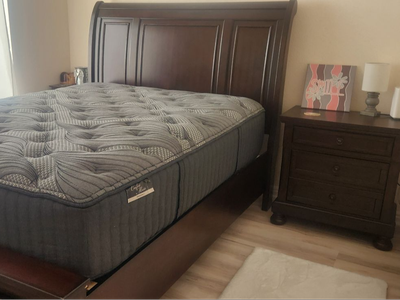 Cherry Queen Bed, Mattress (rarely used), and Night Stand