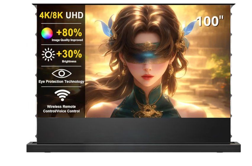 IN&VI 100" Matte White Floor Rising Projector Screen Motorized for UST Long/Standerd Throw Projector,Movie Screen for Home Theat