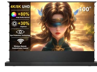 IN&VI 100" Matte White Floor Rising Projector Screen Motorized for UST Long/Standerd Throw Projector,Movie Screen for Home Theat