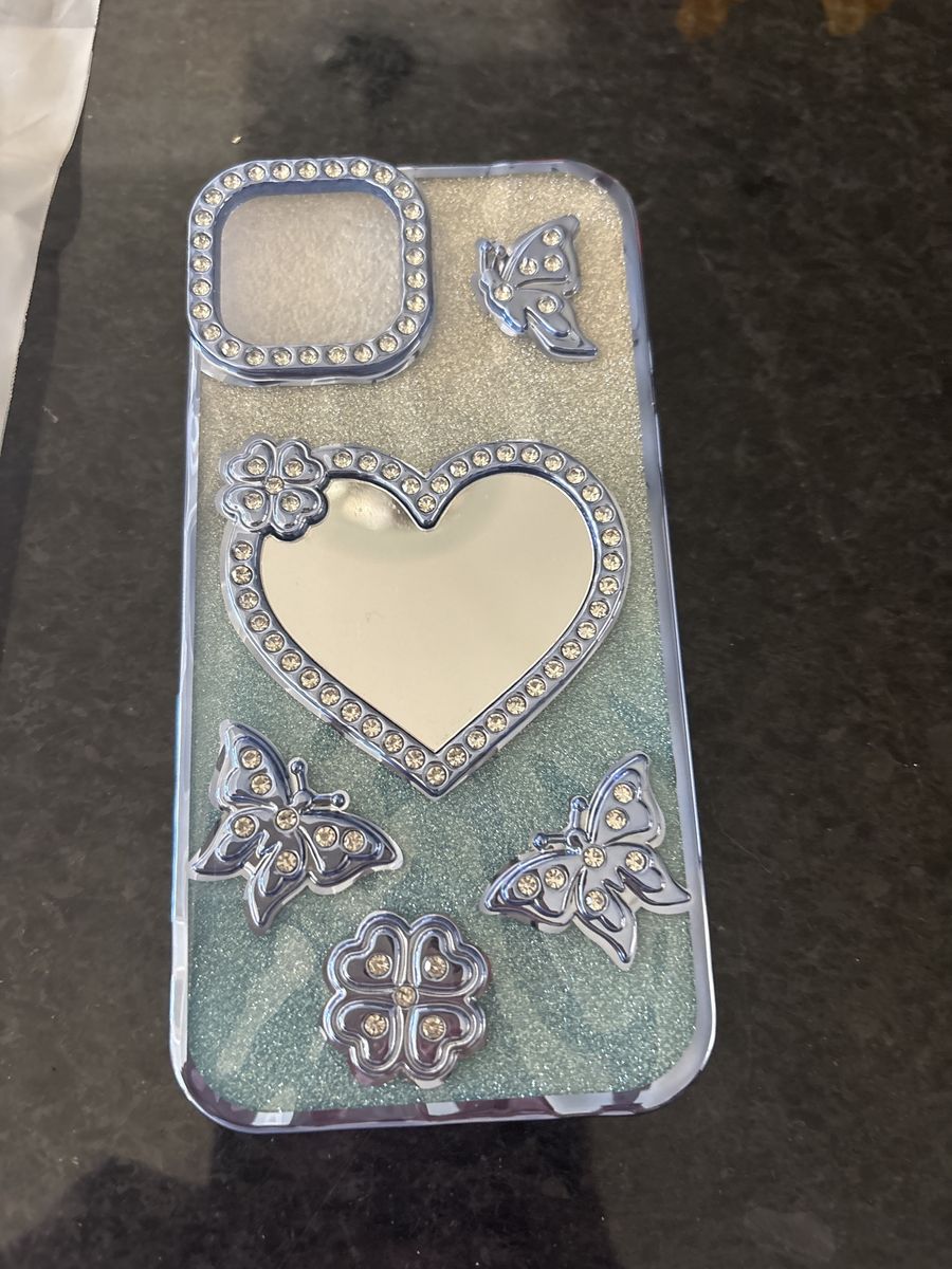 Zkacase Blue Rhinestone Butterfly Heart Mirror Glitter iPhone Case