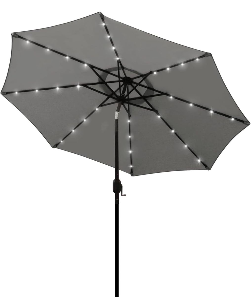 New. ZERSUN 9’ Outdoor Patio Umbrella with Solar LED Lights - Grey, Market Umbrella for Deck or Beach
